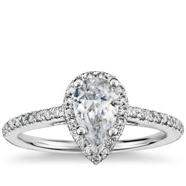 One carat, pear shaped diamond halo engagement ring set in 14K rose gold at B2C Jewels 