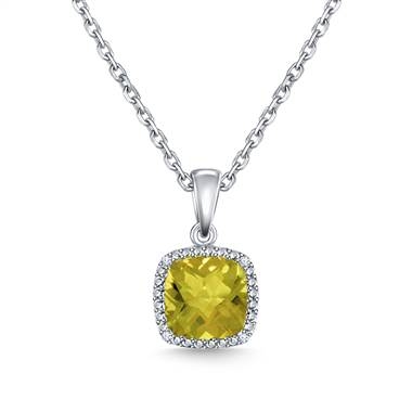 Peridot cushion cut diamond gemstone pendant necklace set in 14K white gold at B2C Jewels 