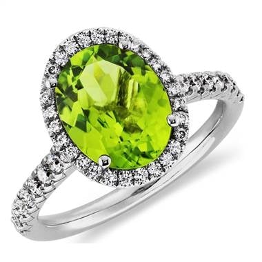 Peridot and diamond halo ring in 18K white gold at Blue Nile 