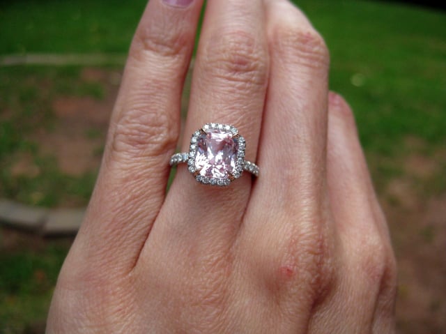 Light pink sapphire halo engagement ring • Image by swissmiss