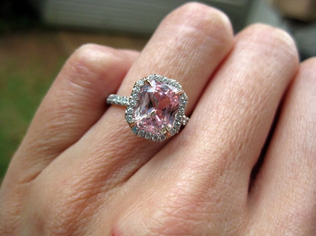 Light pink sapphire halo engagement ring • Image by swissmiss