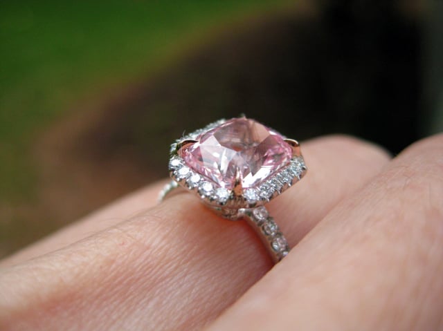 Light pink sapphire halo engagement ring • Image by swissmiss