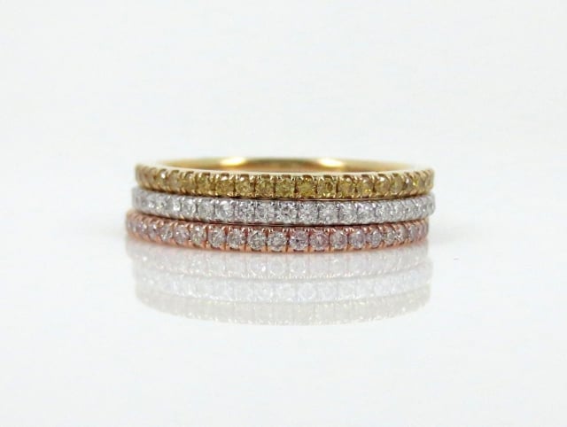 Trio of Bands with Pink, Yellow, and White Diamonds shared by Asscherhalo_lover