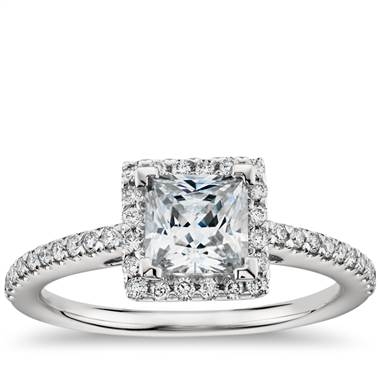 Princess cut halo diamond engagement ring set in platinum at Blue Nile 