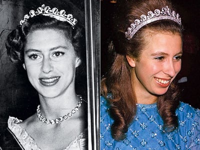 The Queen Mother's Scroll Tiara worn by Princess Margaret and Princess Anne