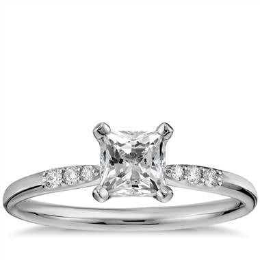 Preset princess-cut petite diamond engagement ring set in 14K white gold at Blue Nile  