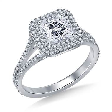 Square cut double halo split shank engagement ring set in platinum at B2C Jewels