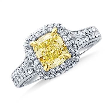 Get Inspired: Fancy light yellow canary cushion cut diamond halo split shank ring set in 18K white gold at B2C Jewels  