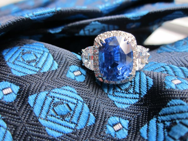 Ceylon Sapphire and Diamond Halo Trilogy Ring