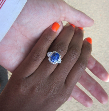 Ceylon Sapphire and Diamond Halo Trilogy Ring