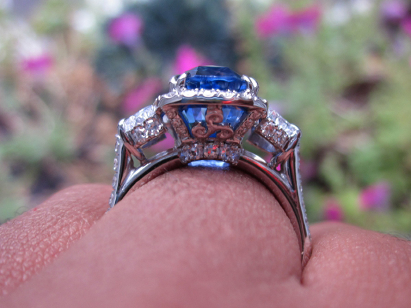 Ceylon Sapphire and Diamond Halo Trilogy Ring Gallery