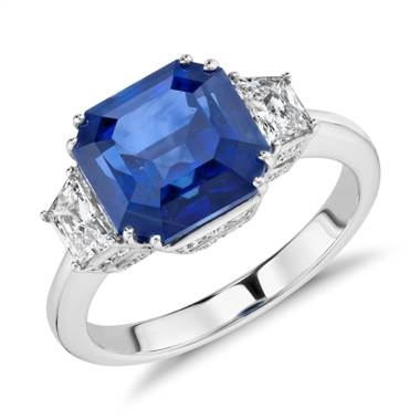 Blue sapphire and diamond three stone ring set in 18K white gold at Blue Nile 