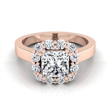 Princess cut diamond halo engagement ring set in 14K rose gold at RockHer 