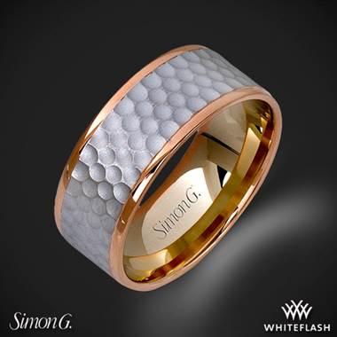 Mens hammered wedding ring in white gold with rose gold accents at Whiteflash