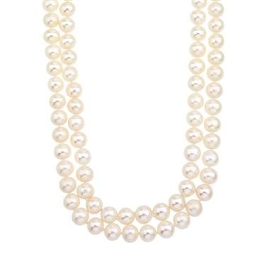 Double strand white freshwater pearl necklace with 14K yellow gold clasp at B2C Jewels  