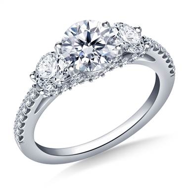 Three stone diamond engagement ring with diamond accents set in 18K white gold at B2C Jewels 