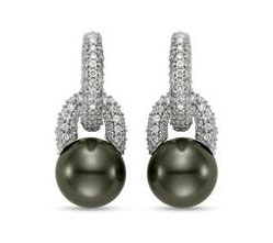Tahitian Cultured Pearl and Diamond Loop Drop Earrings (9mm) - in 18kt White Gold - (0.75 CTW)