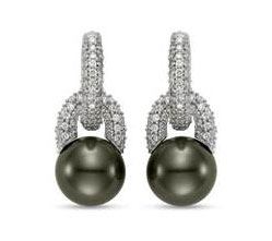 Tahitian Cultured Pearl and Diamond Loop Drop Earrings (9mm) - in 18kt White Gold - (0.75 CTW)