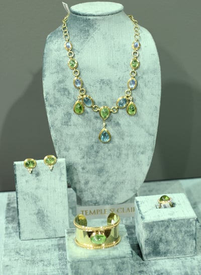 Temple St. Clair peridot aquamarine and moonstone necklace with peridot cuff ring and earrings JCK Luxury Elite Enclave 2011