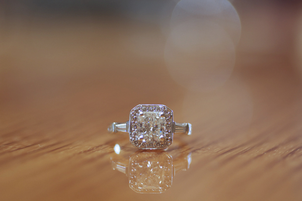 Radiant cut diamond halo ring