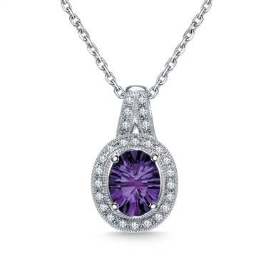 Amethyst Diamond Halo Gemstone Pendant Necklace in 14K White Gold at B2C Jewels 