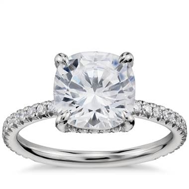 Studio cushion cut petite french pave crown diamond engagement ring set in platinum at Blue Nile  
