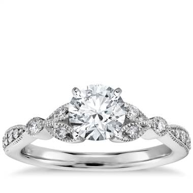 Petite vintage pave leaf diamond engagement ring set in 14K white gold at Blue Nile  