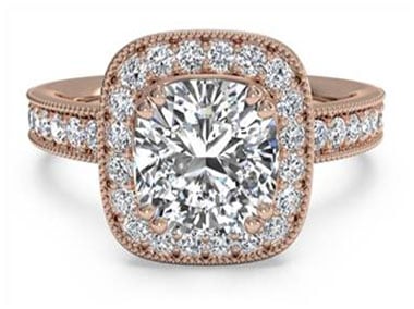 Vintage Cushion Halo Diamond Band Engagement Ring with Surprise Diamonds - in 18kt Rose Gold (0.41 CTW)