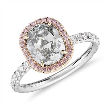 Fancy light grey-green cushion cut halo diamond ring set in platinum and 18K rose gold at Blue Nile  