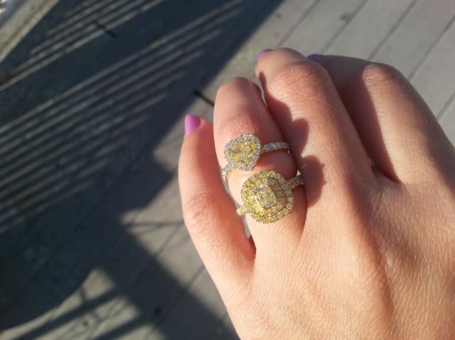 Yellow diamond halo rings - Image by rubyshoes
