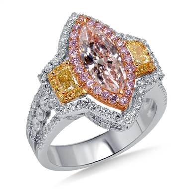 Fancy multicolored diamond halo ring set in 18K three tone gold at B2C Jewels  