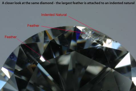 Diamond- closer look - the largest feather is attached to an indented natural