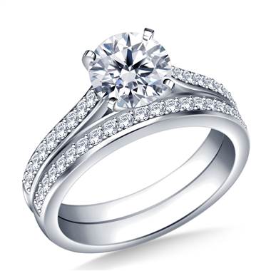1.00 ct. tw. Pave Set Diamond Cathedral Engagement Ring and Matching Wedding Band Set in 14K White Gold