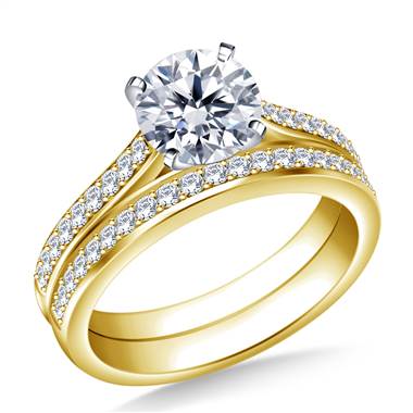 1.00 ct. tw. Pave Set Diamond Cathedral Engagement Ring and Matching Wedding Band Set in 14K Yellow Gold
