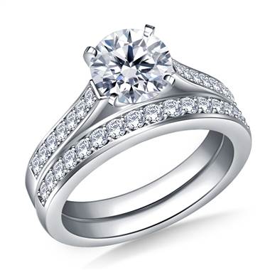 1.00 ct. tw. Pave Set Matching Diamond Cathedral Engagement Ring and Wedding Band Set in 14K White Gold