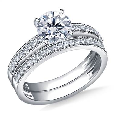 1.00 ct. tw. Pave Set Matching Diamond Engagement Ring and Wedding Band Set in 14K White Gold