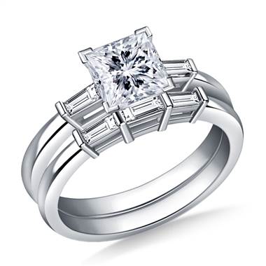 1.00 ct. tw. Princess and Baguette Matching Diamond Engagement Ring with Wedding Band in 14K White Gold