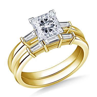 1.00 ct. tw. Princess and Baguette Matching Diamond Engagement Ring with Wedding Band in 14K Yellow Gold