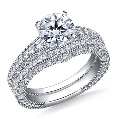 1 1/2 ct. tw. Engraved Pave Set Matching Diamond Engagement Ring with Wedding Band in 14K White Gold