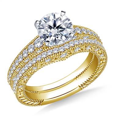 1 1/2 ct. tw. Engraved Pave Set Matching Diamond Engagement Ring with Wedding Band in 14K Yellow Gold