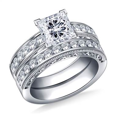1 1/2 ct. tw. Milgrain Channel Set Matching Diamond Engagement Ring with Wedding Band in 14K White Gold
