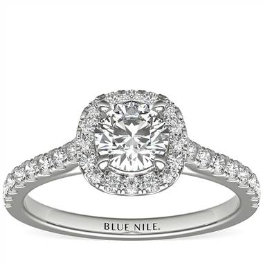 1/2 Carat Ready-to-Ship Cushion Halo Diamond Engagement Ring in 14k White Gold
