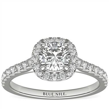 1/2 Carat Ready-to-Ship Cushion Halo Diamond Engagement Ring in 14k White Gold