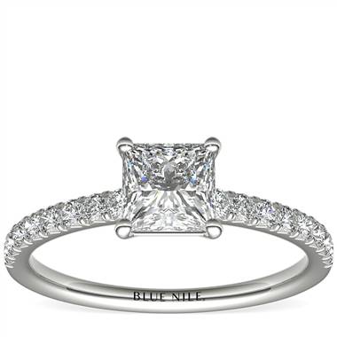 "1 Carat Princess-Cut French Pave Diamond Engagement Ring in Platinum (H/VS2) Ready-to-Ship"