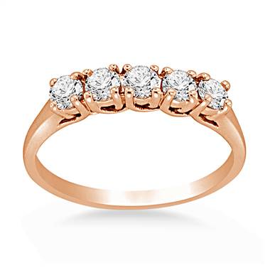 14K Rose Gold Five Stone Band With Diamonds Arranged In A Shared Prong Setting