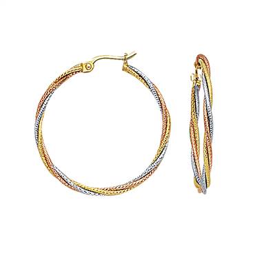 14K Three-Tone Gold Rope Hoop Earrings