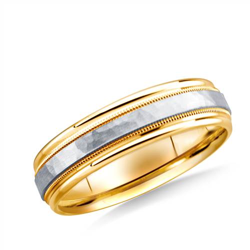 14K Two-Toned 6mm Comfort-Fit Hammered-Finished with Milgrain Carved Design Band