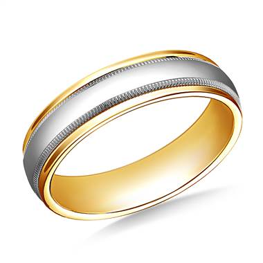 14K Two-Toned 6mm Comfort-Fit High Polished Carved Design Band with Milgrain