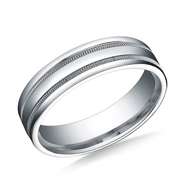 14K White Gold 6mm Comfort-Fit High Polished with Milgrain Round Edge Carved Design Band