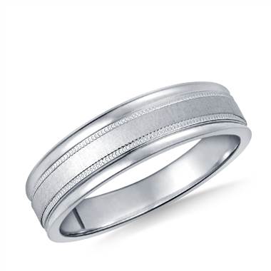14K White Gold 6mm Comfort-Fit Satin-Finished with Milgrain Round Edge Carved Design Band